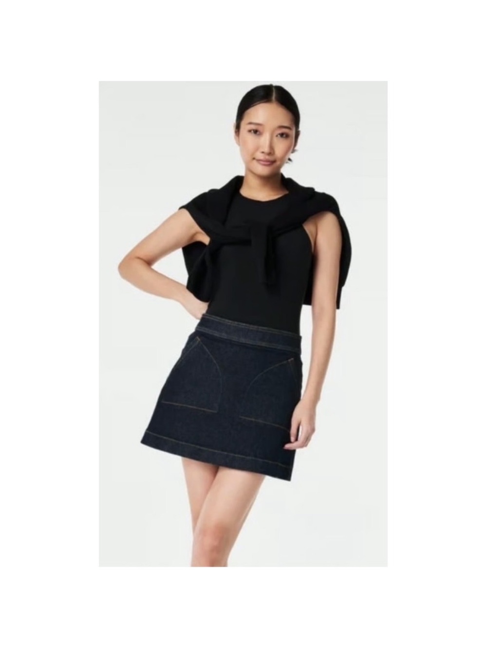 SPANX Black Topstitch Dark Indigo Denim Mini Skirt